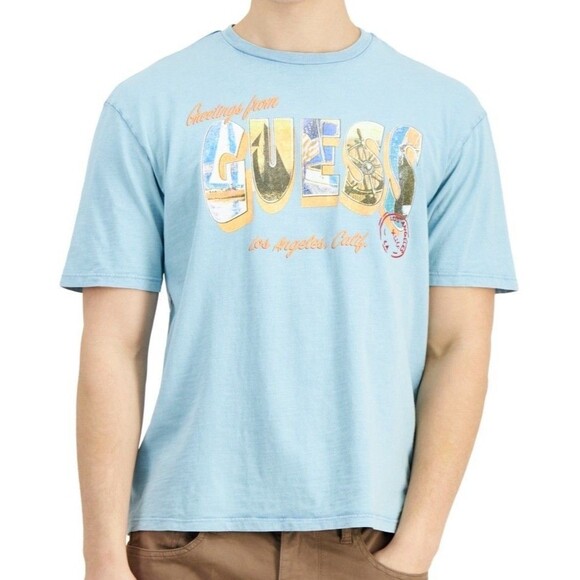 Small Guess Laguna Blue Orange Postcard Tee Classic Fit Graphic T-Shirt 42" - Picture 1 of 12